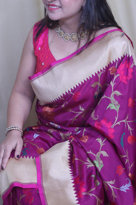 Exquisite Purple Banarasi Handloom Pure Katan Silk Meenakari Saree - Luxurion World