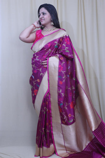 Exquisite Purple Banarasi Handloom Pure Katan Silk Meenakari Saree - Luxurion World