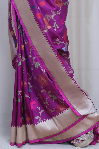 Exquisite Purple Banarasi Handloom Pure Katan Silk Meenakari Saree - Luxurion World