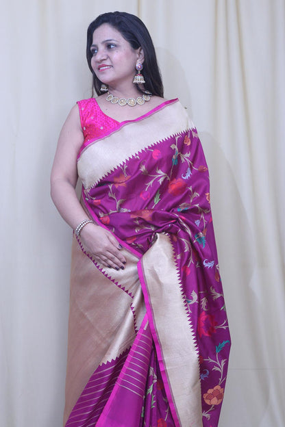 Exquisite Purple Banarasi Handloom Pure Katan Silk Meenakari Saree - Luxurion World