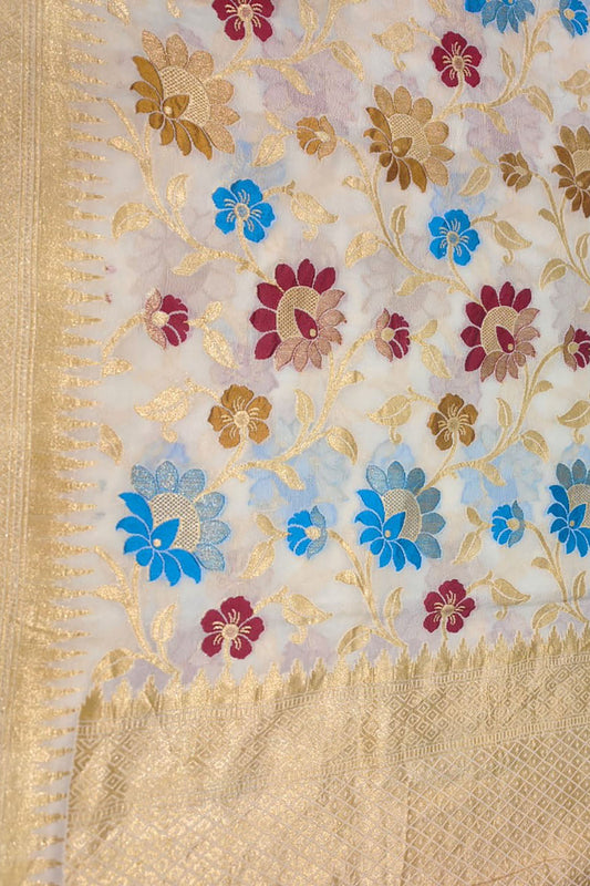 Exquisite Dyeable Banarasi Handloom Pure Georgette Silk Big Flower Design Meenakari Saree - Luxurion World