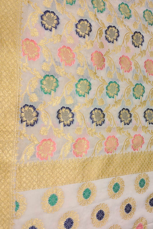 Exquisite Dyeable Flower Design Banarasi Handloom Pure Georgette Silk Meenakari Saree - Luxurion World