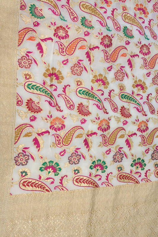 Exquisite Dyeable Banarasi Handloom Pure Georgette Silk Paisley Design Meenakari Saree - Luxurion World