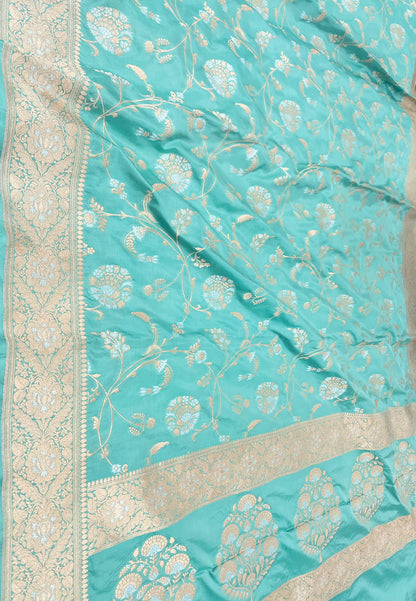 Blue Banarasi Handloom Pure Katan Silk Sona Roopa Jaal Work Saree - Luxurion World