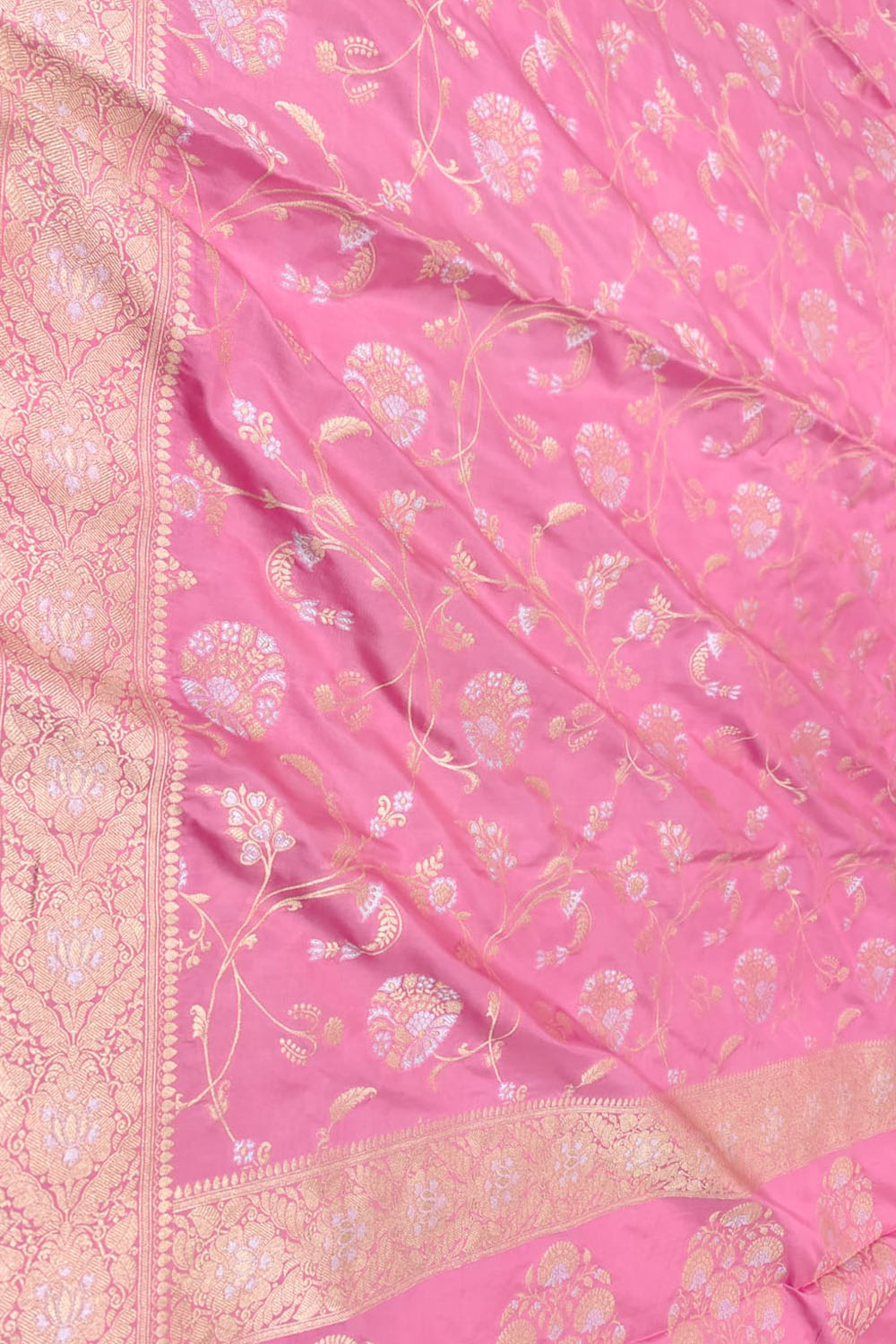 Pink Banarasi Handloom Pure Katan Silk Sona Roopa Jaal Work Saree - Luxurion World