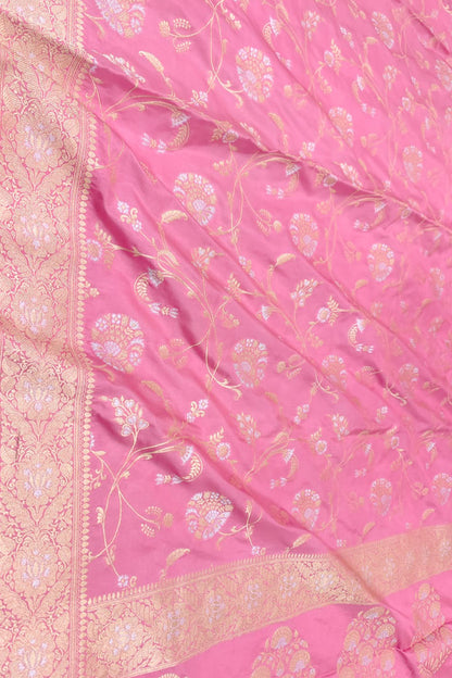 Pink Banarasi Handloom Pure Katan Silk Sona Roopa Jaal Work Saree - Luxurion World