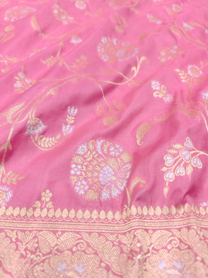 Pink Banarasi Handloom Pure Katan Silk Sona Roopa Jaal Work Saree - Luxurion World