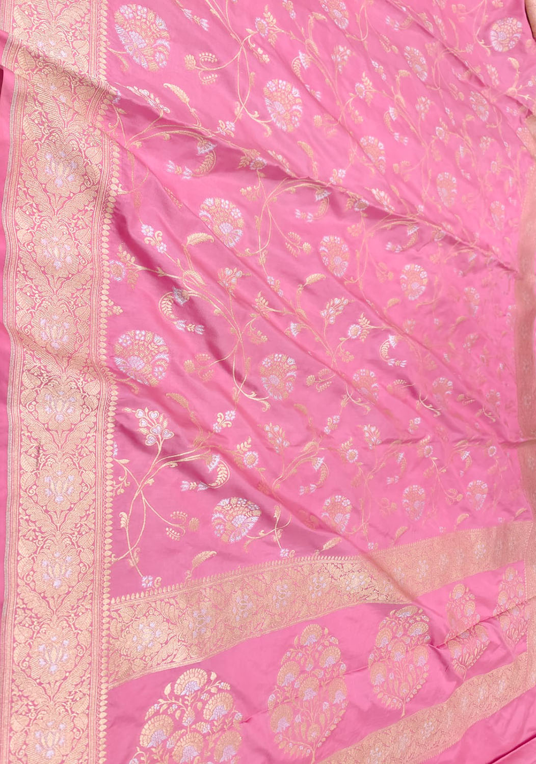 Pink Banarasi Handloom Pure Katan Silk Sona Roopa Jaal Work Saree - Luxurion World