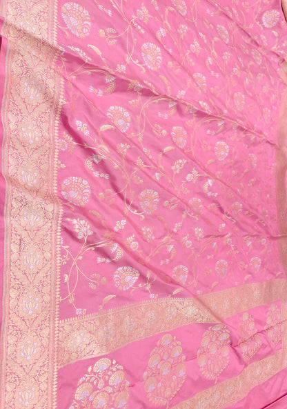Pink Banarasi Handloom Pure Katan Silk Sona Roopa Jaal Work Saree - Luxurion World