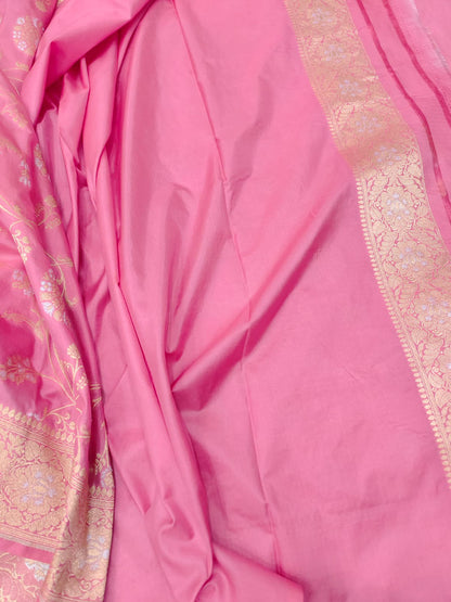 Pink Banarasi Handloom Pure Katan Silk Sona Roopa Jaal Work Saree - Luxurion World