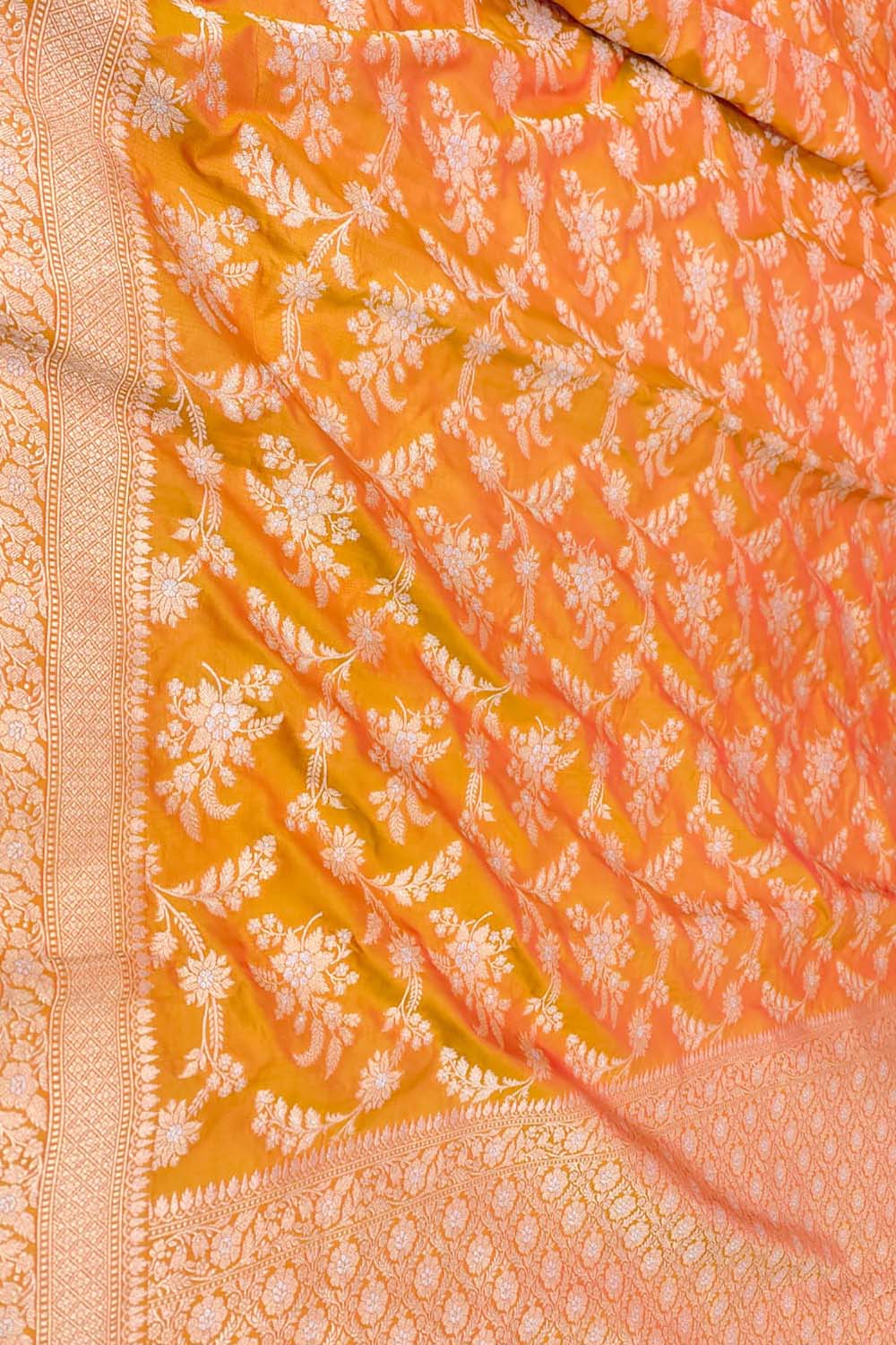 Orange Banarasi Handloom Pure Katan Silk Sona Roopa Jaal Work Saree - Luxurion World