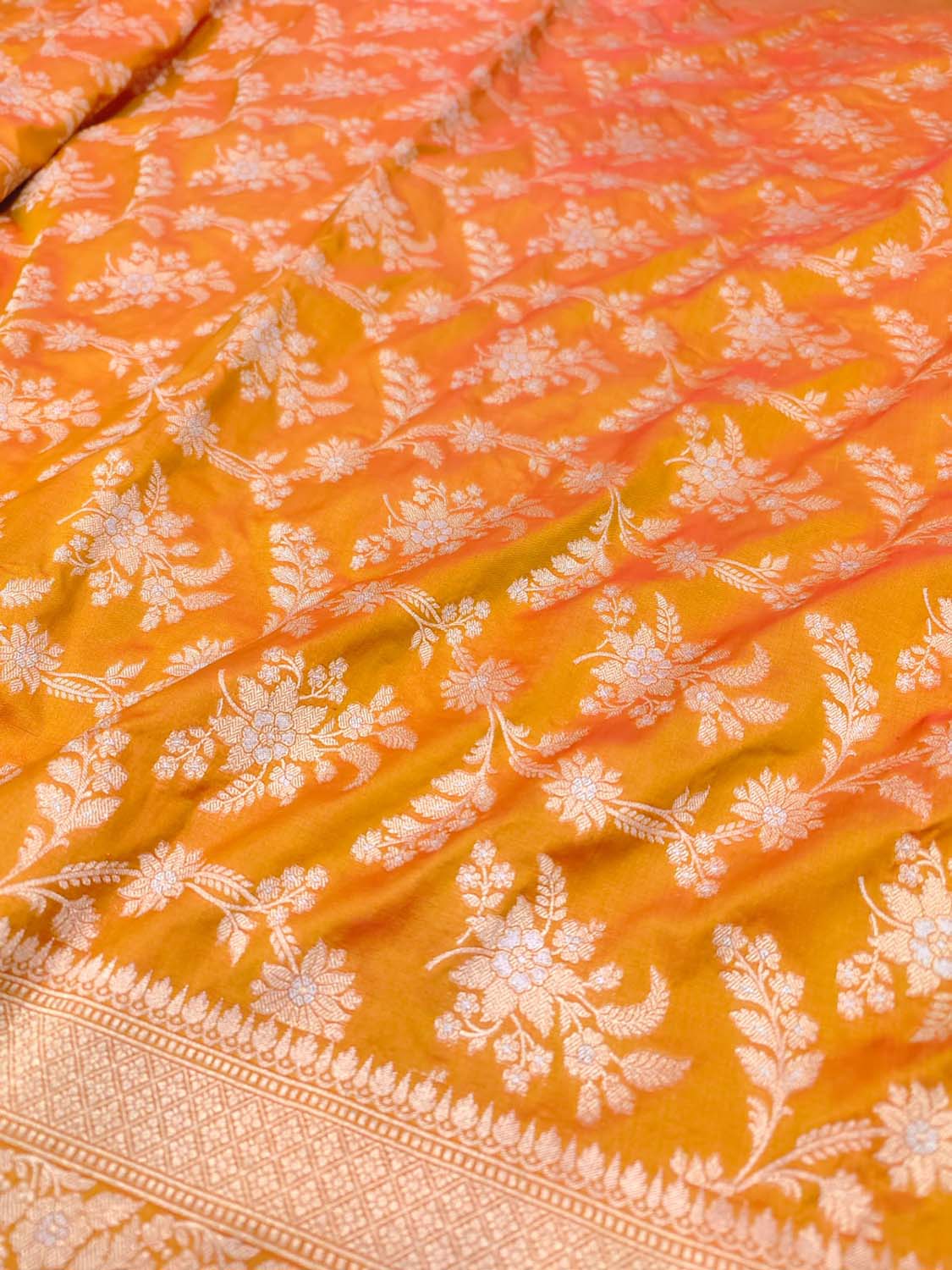 Orange Banarasi Handloom Pure Katan Silk Sona Roopa Jaal Work Saree - Luxurion World