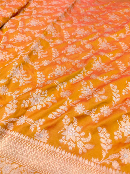 Orange Banarasi Handloom Pure Katan Silk Sona Roopa Jaal Work Saree - Luxurion World