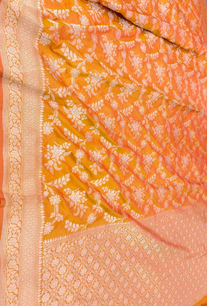 Orange Banarasi Handloom Pure Katan Silk Sona Roopa Jaal Work Saree - Luxurion World