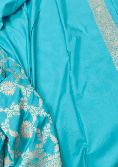 Blue Banarasi Handloom Pure Katan Silk Sona Roopa Jaal Work Saree - Luxurion World