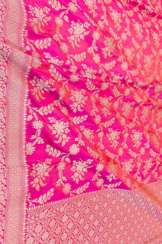 Pink Banarasi Handloom Pure Katan Silk Sona Roopa Jaal Work Saree - Luxurion World