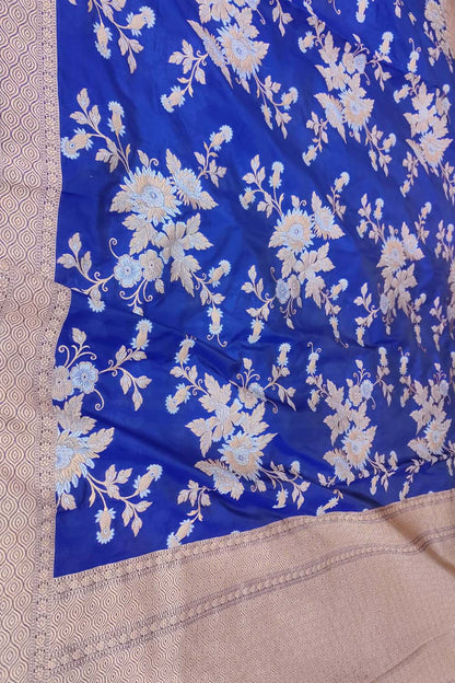 Blue Banarasi Handloom Pure Katan Silk Sona Roopa Jaal Work Saree - Luxurion World