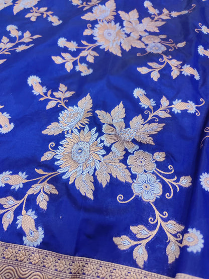Blue Banarasi Handloom Pure Katan Silk Sona Roopa Jaal Work Saree - Luxurion World