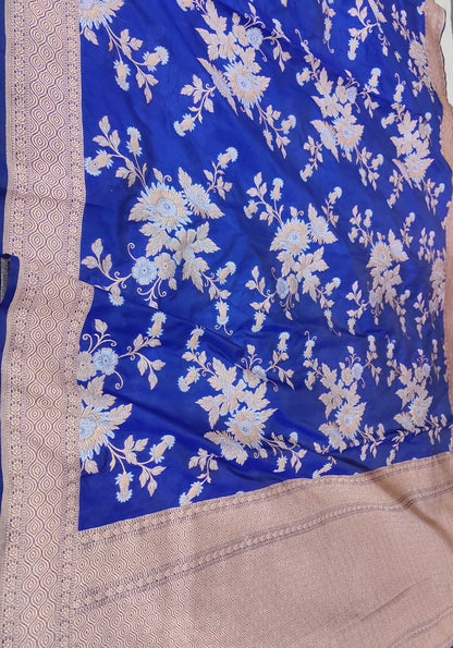 Blue Banarasi Handloom Pure Katan Silk Sona Roopa Jaal Work Saree - Luxurion World