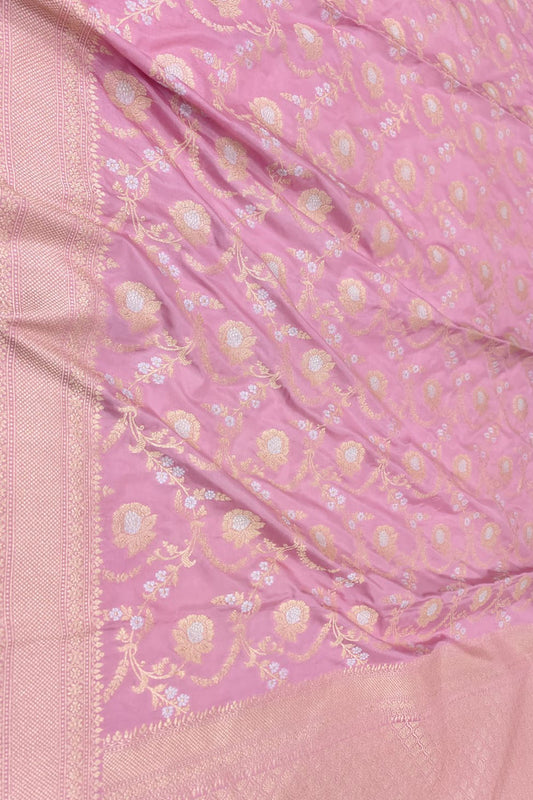 Pink Banarasi Handloom Pure Katan Silk Sona Roopa Jaal Work Saree - Luxurion World