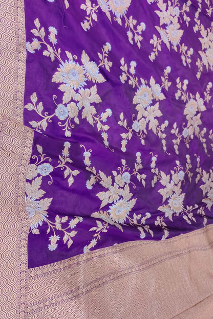 Purple Banarasi Handloom Pure Katan Silk Sona Roopa Jaal Work Saree - Luxurion World