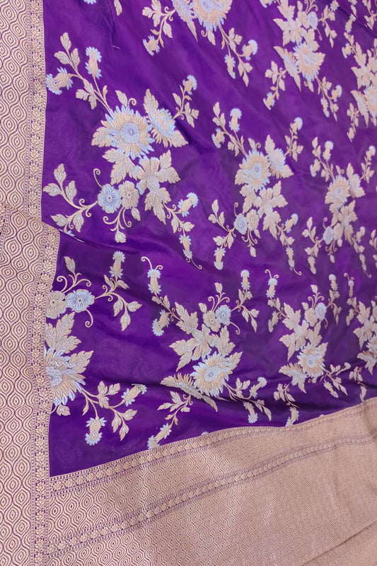 Purple Banarasi Handloom Pure Katan Silk Sona Roopa Jaal Work Saree - Luxurion World