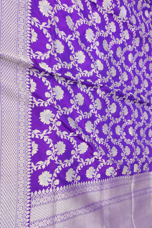Purple Banarasi Handloom Pure Katan Silk Jaal Work Flower Design Saree - Luxurion World