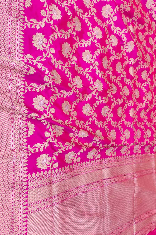 Pink Banarasi Handloom Pure Katan Silk Jaal Work Flower Design Saree - Luxurion World