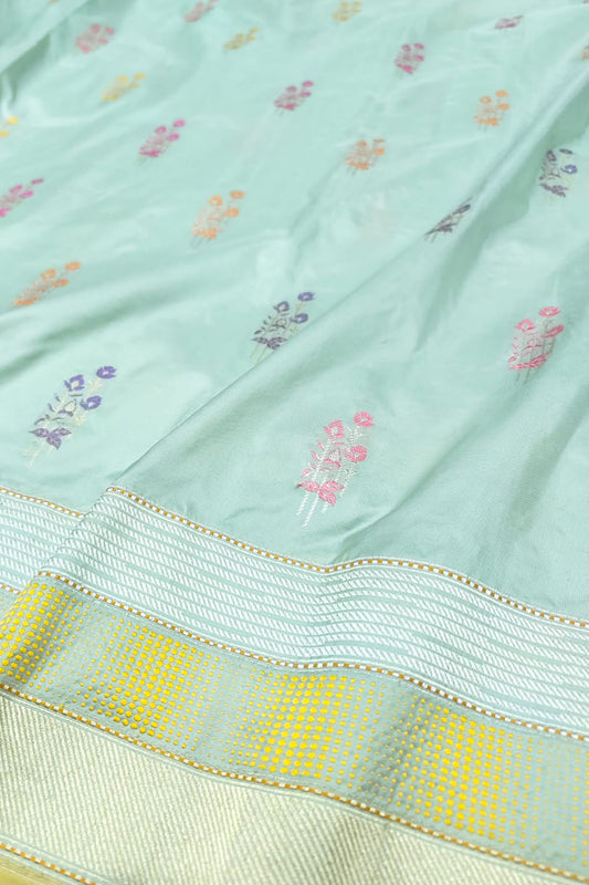 Blue Banarasi Handloom Pure Katan Silk Meenakari Flower Design Saree - Luxurion World