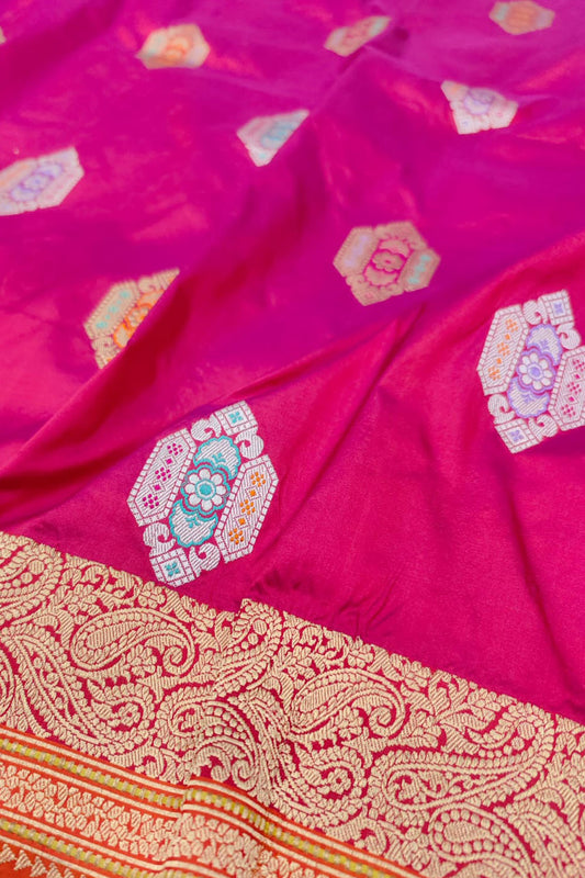 Pink Banarasi Handloom Pure Katan Silk Meenakari Saree - Luxurion World