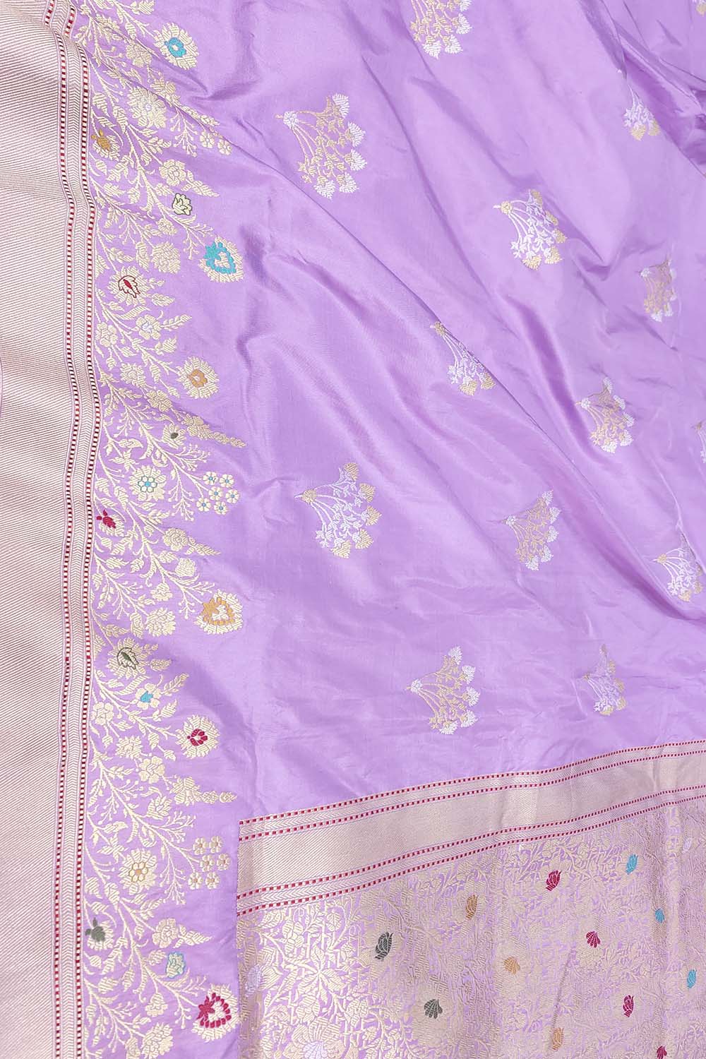 Purple Banarasi Handloom Pure Katan Silk Sona Roopa Flower Design Saree - Luxurion World