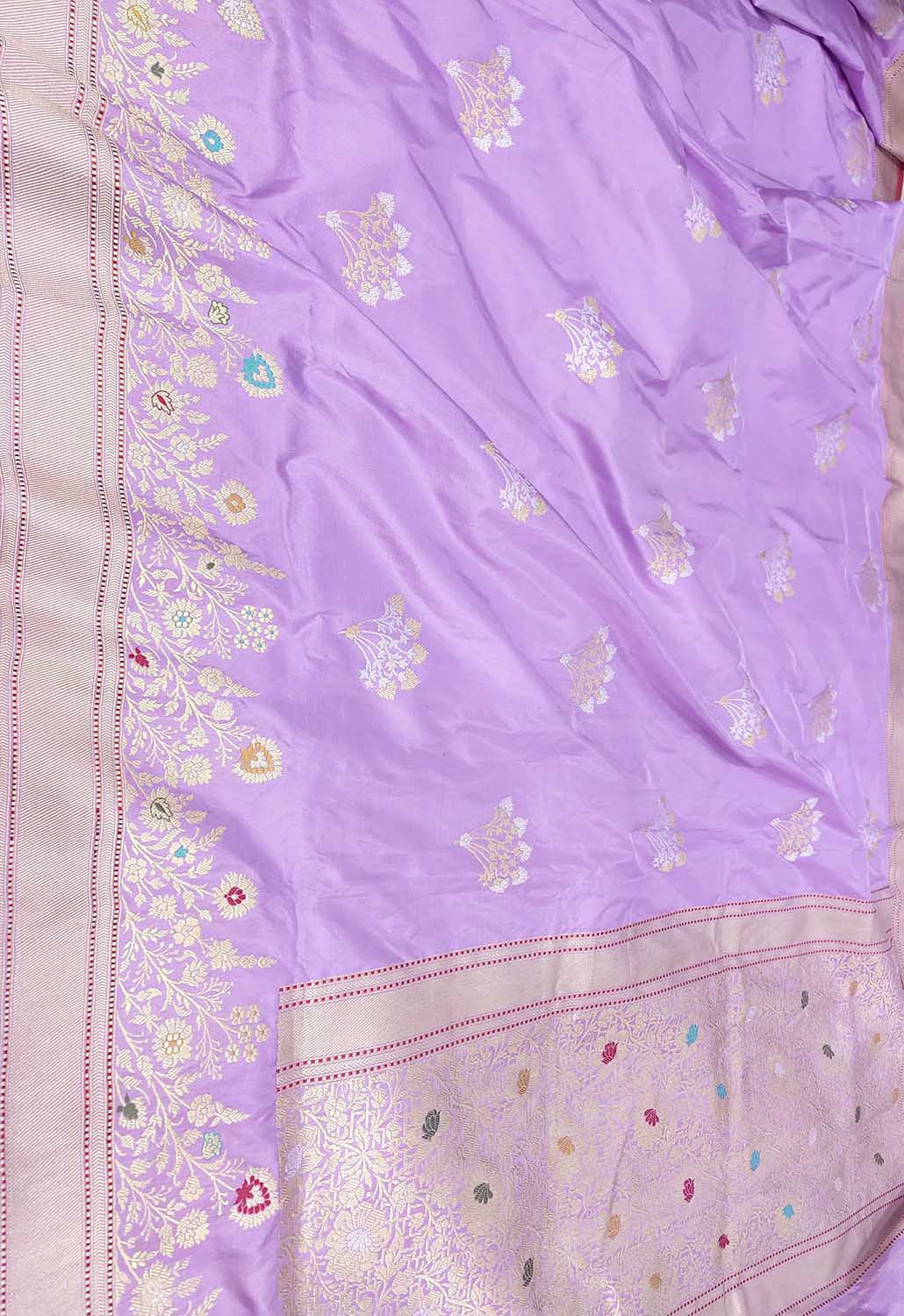 Purple Banarasi Handloom Pure Katan Silk Sona Roopa Flower Design Saree - Luxurion World