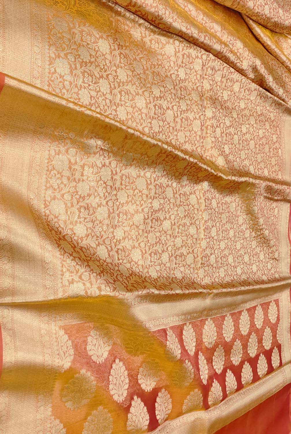 Orange Banarasi Handloom Pure Tissue Silk Brocade Saree - Luxurion World