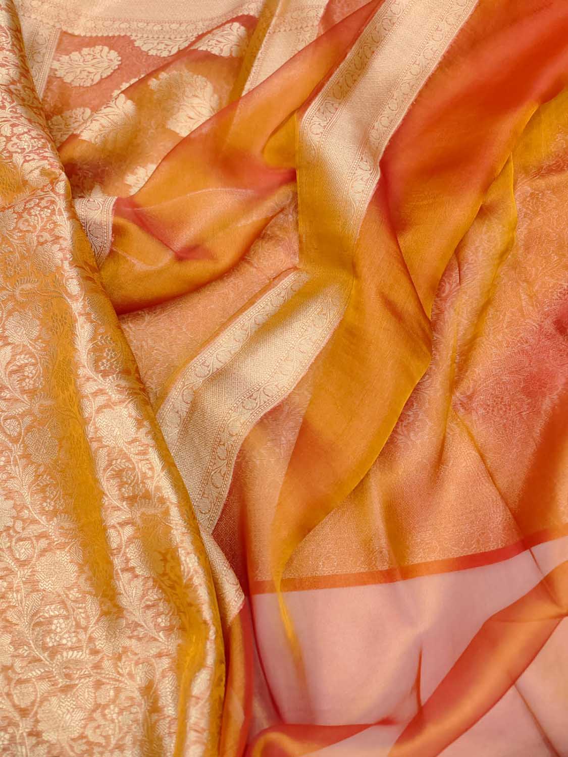 Orange Banarasi Handloom Pure Tissue Silk Brocade Saree - Luxurion World