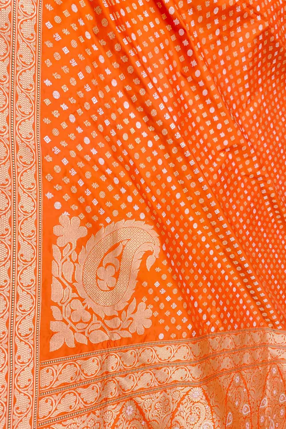 Orange Banarasi Handloom Pure Katan Silk Koniya Design Saree - Luxurion World