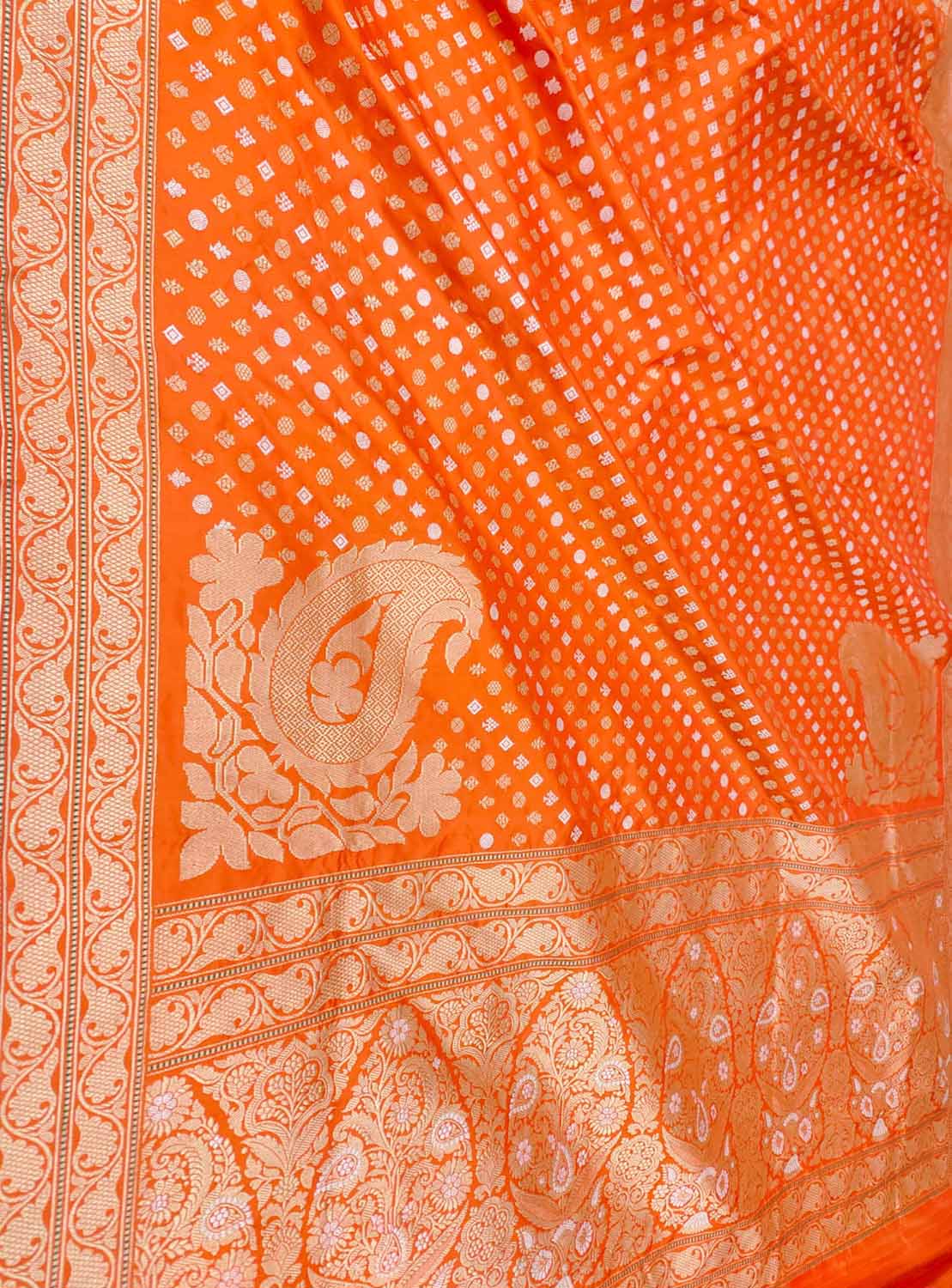 Orange Banarasi Handloom Pure Katan Silk Koniya Design Saree - Luxurion World