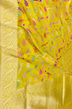 Yellow Banarasi Handloom Pure Katan Silk Meenakari Jangla Saree - Luxurion World