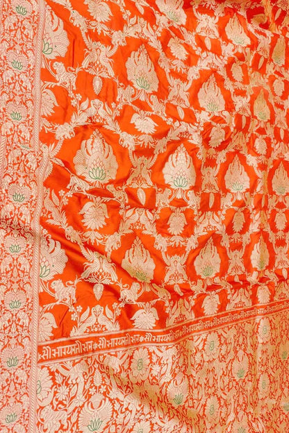 Orange Banarasi Pure Katan Silk Kadwa Jangla Saubhagyavati Bhava Saree - Luxurion World