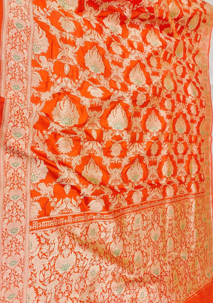 Orange Banarasi Pure Katan Silk Kadwa Jangla Saubhagyavati Bhava Saree - Luxurion World