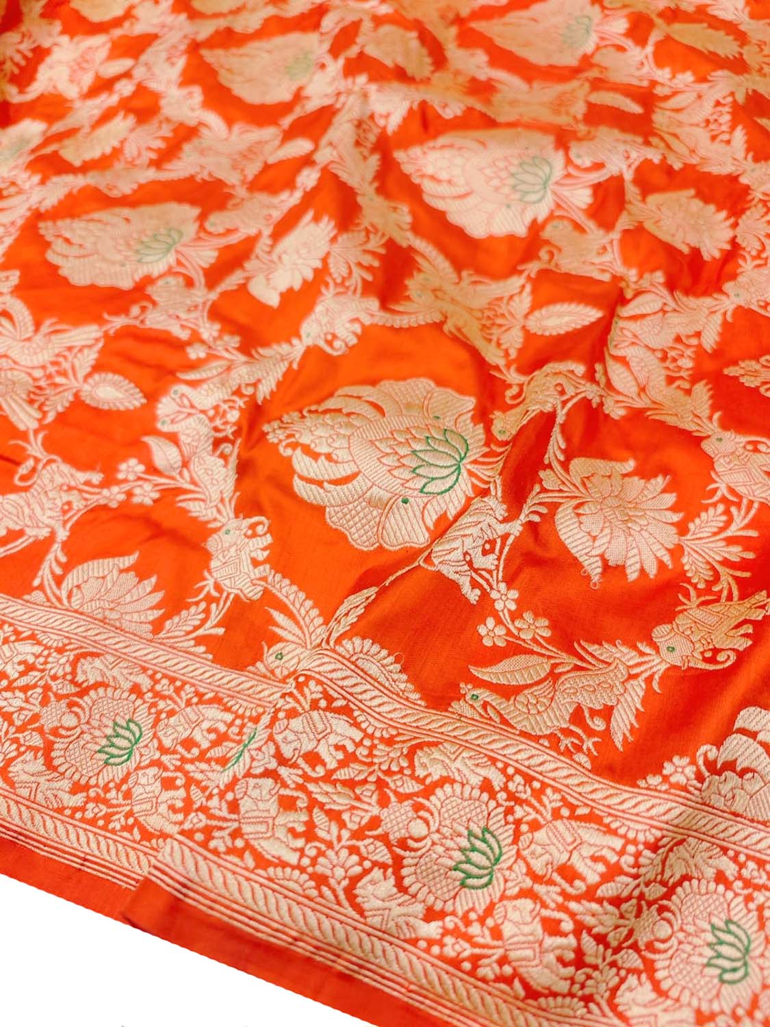 Orange Banarasi Pure Katan Silk Kadwa Jangla Saubhagyavati Bhava Saree - Luxurion World