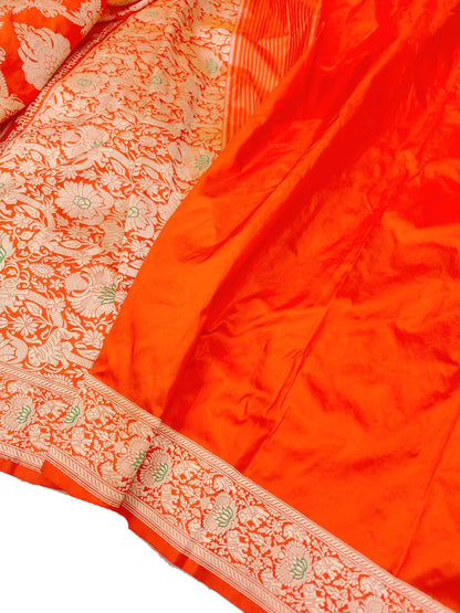 Orange Banarasi Pure Katan Silk Kadwa Jangla Saubhagyavati Bhava Saree - Luxurion World
