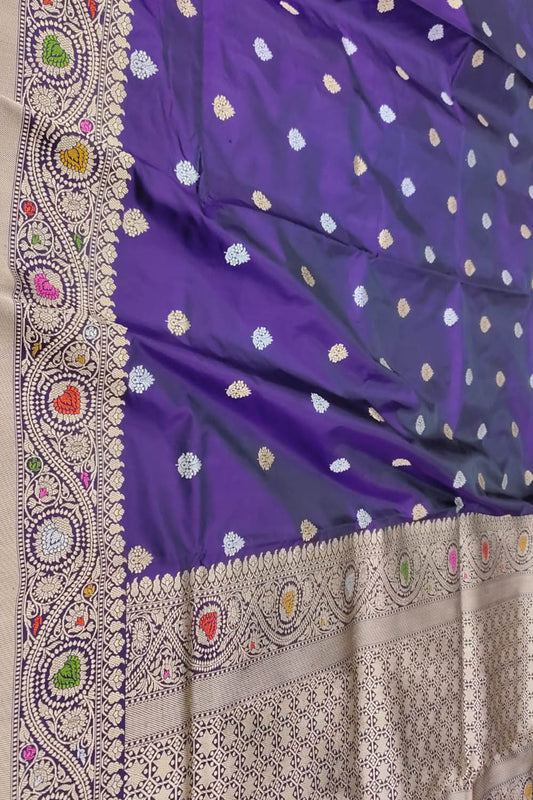 Purple Banarasi Handloom Pure Katan Silk Booti Design Kadwa Saree - Luxurion World