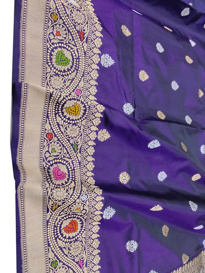 Purple Banarasi Handloom Pure Katan Silk Booti Design Kadwa Saree - Luxurion World