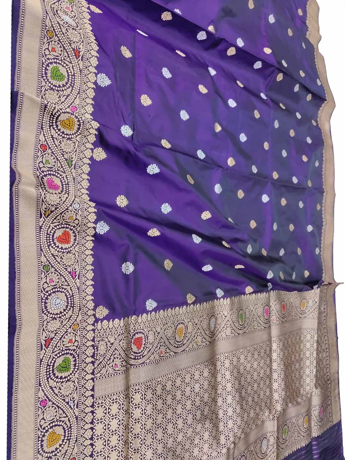 Purple Banarasi Handloom Pure Katan Silk Booti Design Kadwa Saree - Luxurion World