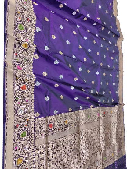 Purple Banarasi Handloom Pure Katan Silk Booti Design Kadwa Saree - Luxurion World