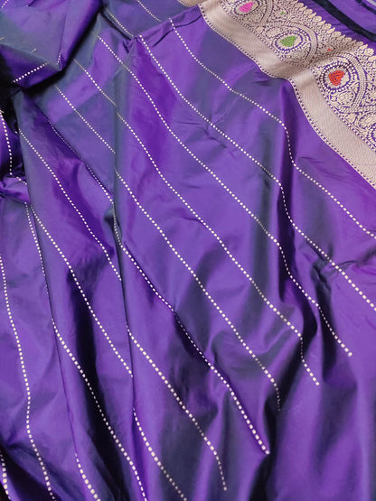 Purple Banarasi Handloom Pure Katan Silk Booti Design Kadwa Saree - Luxurion World