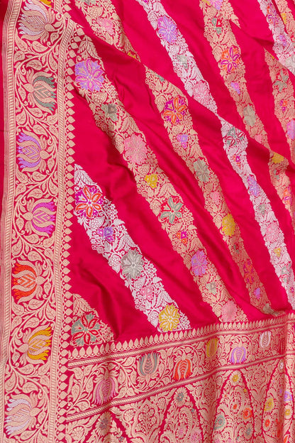 Red Banarasi Handloom Pure Katan Silk Kadwa Jangla Flower Design Meenakari Saree - Luxurion World