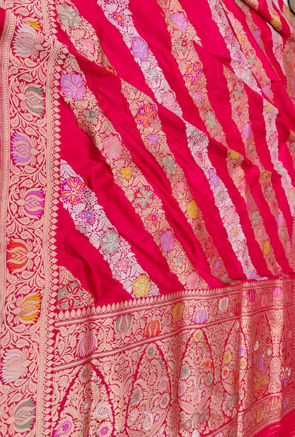 Red Banarasi Handloom Pure Katan Silk Kadwa Jangla Flower Design Meenakari Saree - Luxurion World