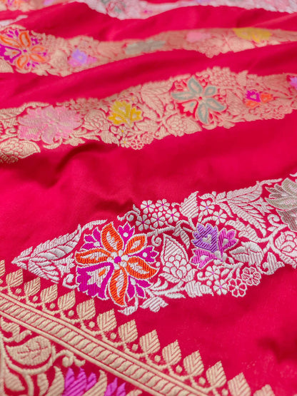 Red Banarasi Handloom Pure Katan Silk Kadwa Jangla Flower Design Meenakari Saree - Luxurion World