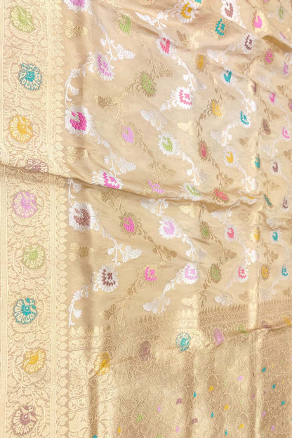 Pastel Banarasi Handloom Pure Tissue Silk Jangla Flower Design Meenakari Saree - Luxurion World